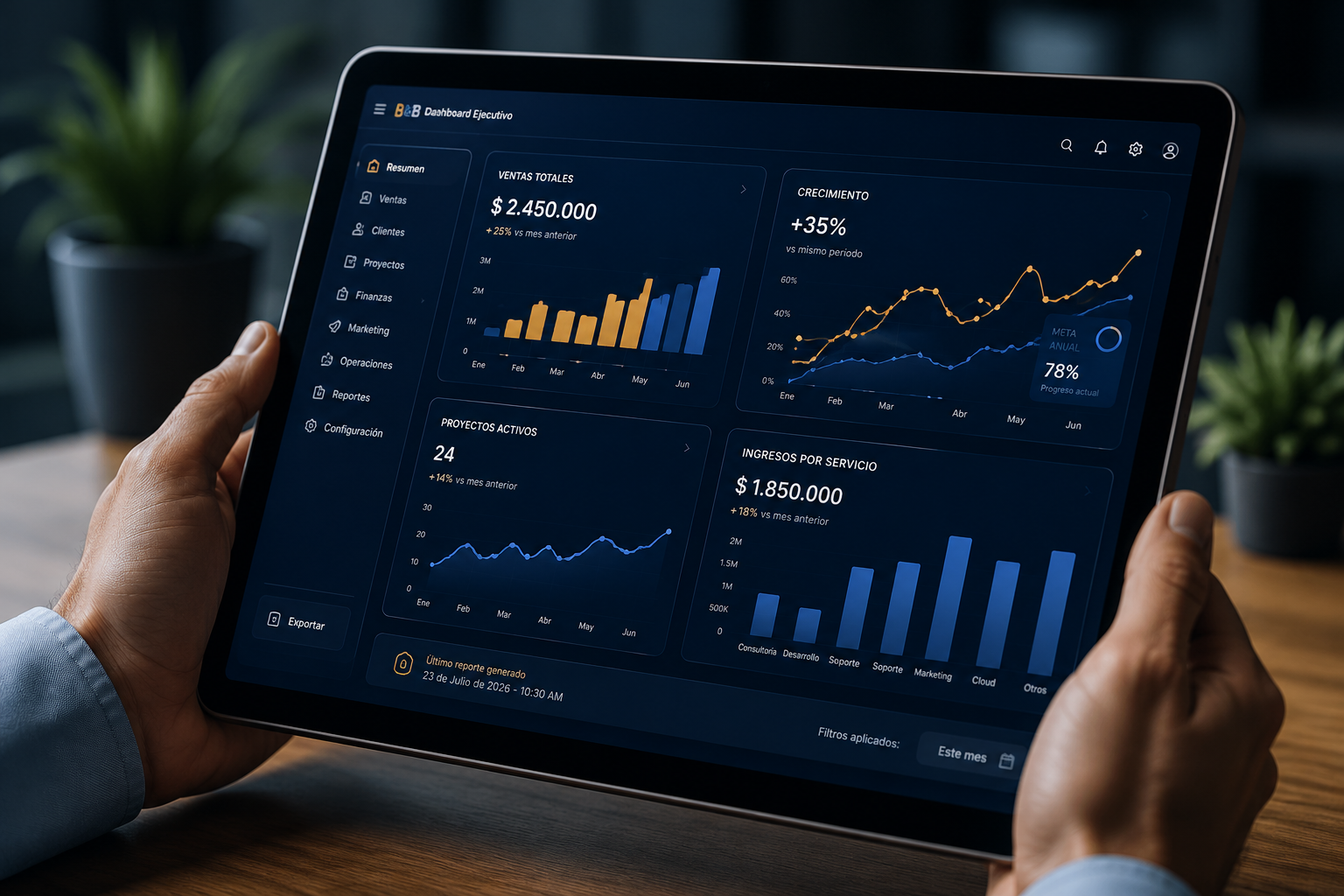 Dashboard empresarial con indicadores y resultados